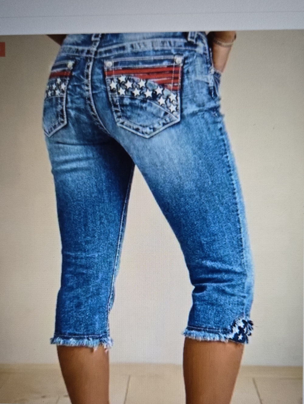 Flamingals Crop Blue Denim Capri Jean Star-Stripe American Flag Pocket/hem S NEW